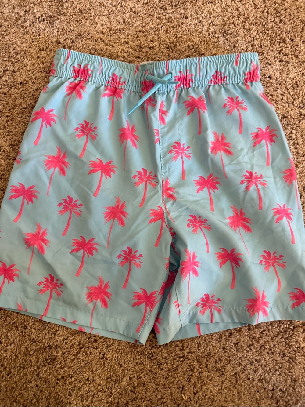 abercrombie kids light blue swim trunks with pink palm print